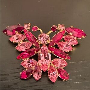 Butterfly Brooch Made in Austria, Red and Pink, Navette and Round Rhinestones